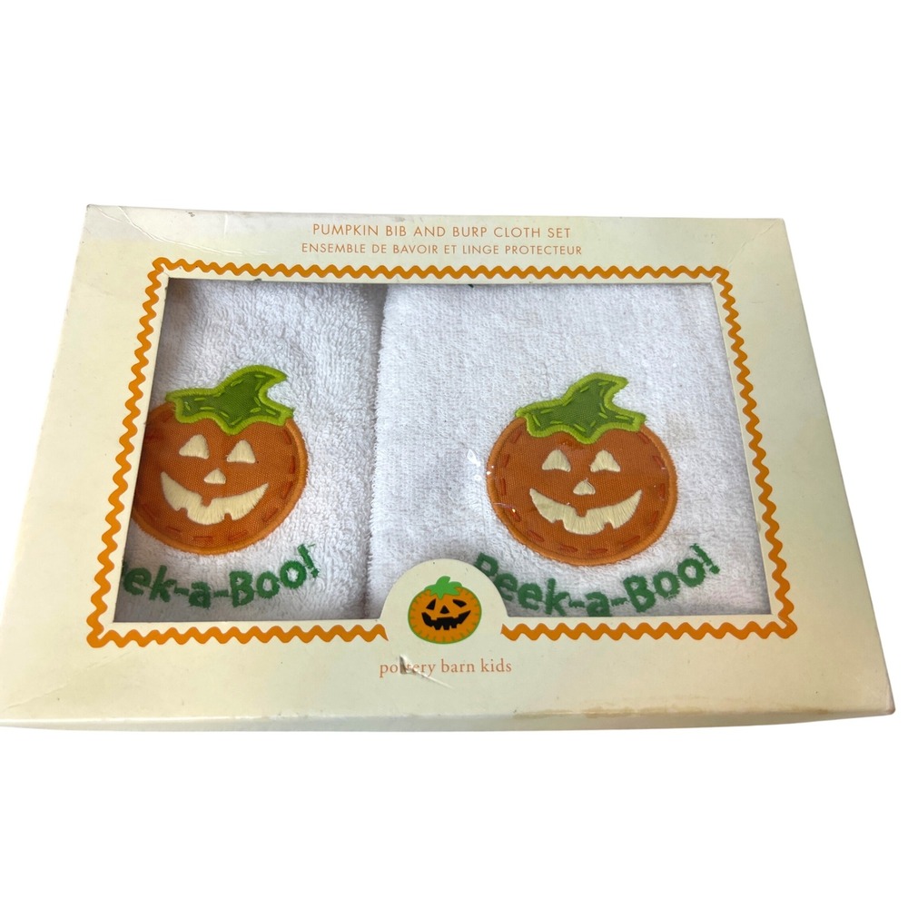 Pottery Barn Kids Halloween Pumpkin Bib and Burp Cloth Set White Cotton NIB